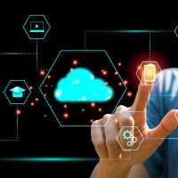 Cloud data storage interface concept. Finger touching on cloud computing, wifi, money, data, and lock security Communication of business and financial.